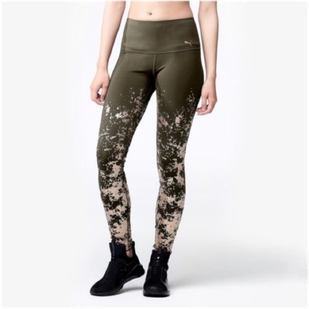 Puma olive green active leggings with gold detail
